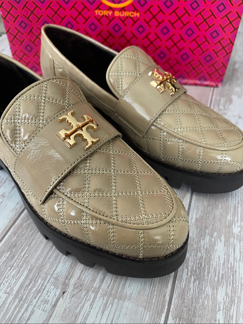 $685 NEW Tory Burch Mini Every Chunky Loafer Size 8.5 Beige Nude Quilted TB logo - Picture 8 of 16